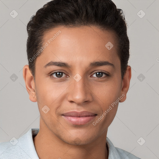 Joyful white young-adult female with short  brown hair and brown eyes