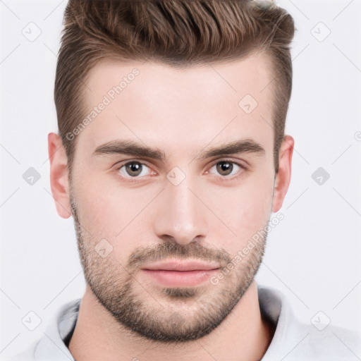 Neutral white young-adult male with short  brown hair and brown eyes