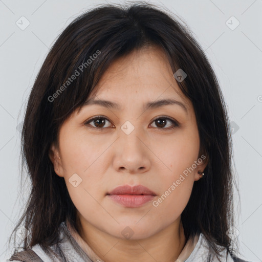 Neutral asian young-adult female with medium  brown hair and brown eyes