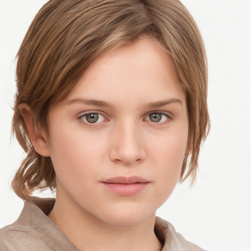 Neutral white young-adult female with medium  brown hair and grey eyes