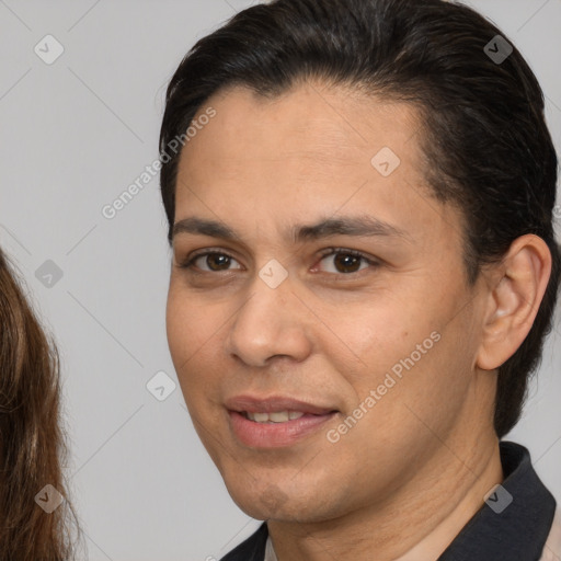 Joyful white adult female with short  brown hair and brown eyes