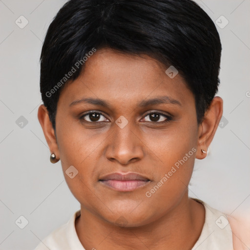 Joyful asian young-adult female with short  brown hair and brown eyes