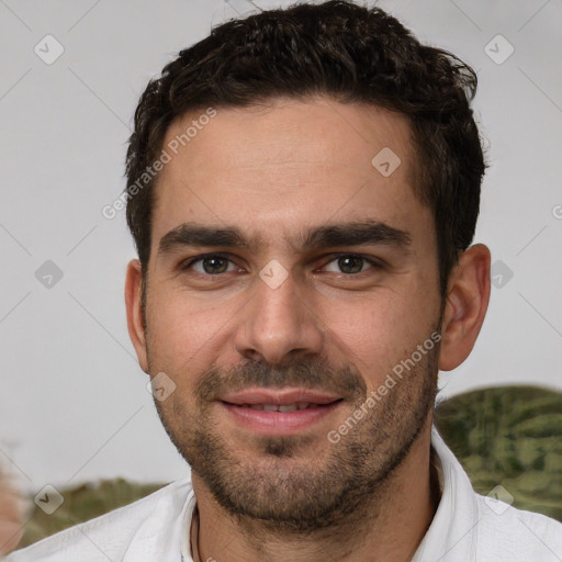 Joyful white young-adult male with short  brown hair and brown eyes