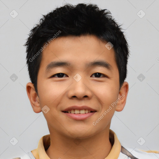 Joyful asian young-adult male with short  black hair and brown eyes