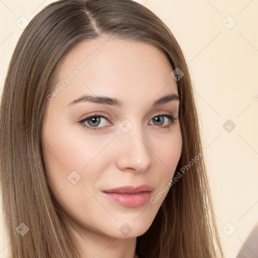 Neutral white young-adult female with long  brown hair and brown eyes