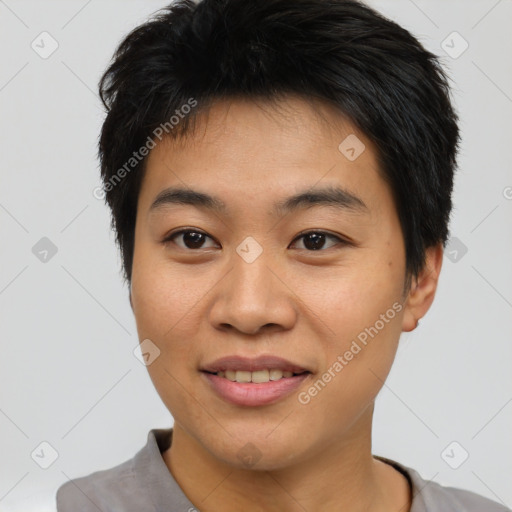 Joyful asian young-adult male with short  brown hair and brown eyes