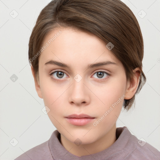 Neutral white young-adult female with short  brown hair and brown eyes