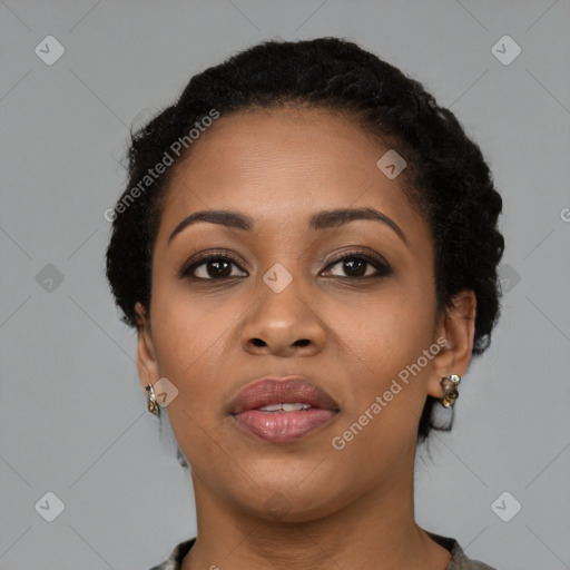 Joyful latino young-adult female with short  black hair and brown eyes