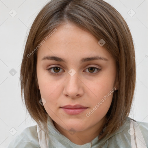 Neutral white young-adult female with medium  brown hair and brown eyes