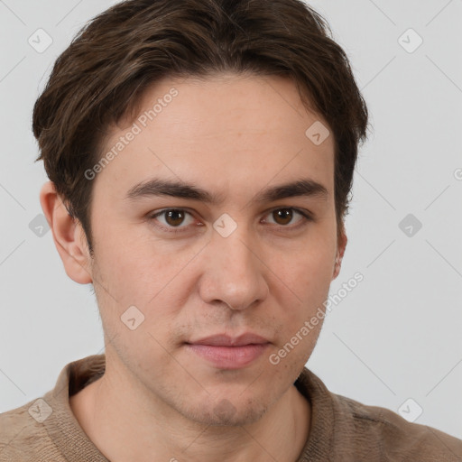 Neutral white young-adult male with short  brown hair and grey eyes