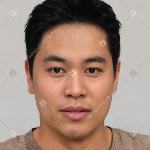 Neutral asian young-adult male with short  black hair and brown eyes