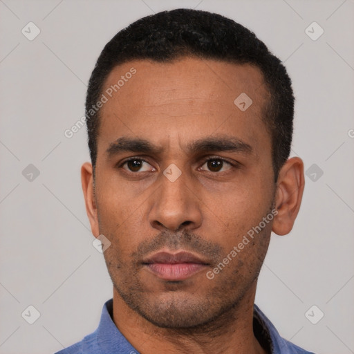 Neutral latino young-adult male with short  black hair and brown eyes