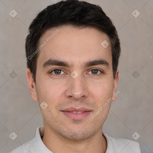 Joyful white young-adult male with short  brown hair and brown eyes