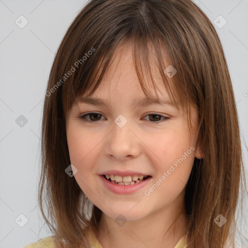 Joyful white child female with medium  brown hair and brown eyes