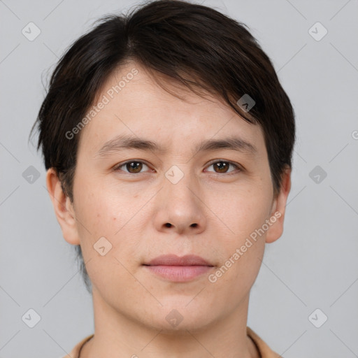 Neutral white young-adult male with short  brown hair and brown eyes