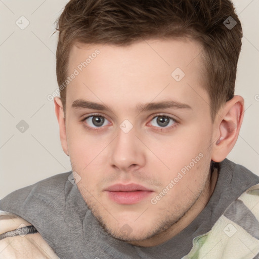 Neutral white young-adult male with short  brown hair and grey eyes