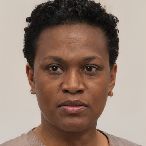 Neutral black young-adult female with short  brown hair and brown eyes