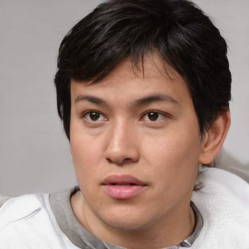 Neutral asian young-adult male with short  brown hair and brown eyes