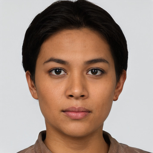 Neutral latino young-adult female with short  brown hair and brown eyes