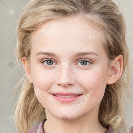 Joyful white child female with medium  brown hair and grey eyes