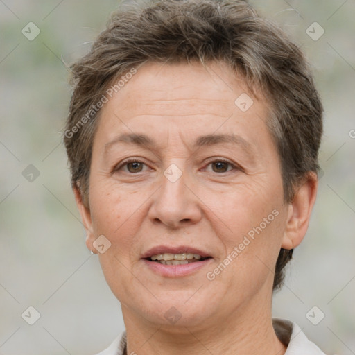 Joyful white middle-aged female with short  brown hair and brown eyes