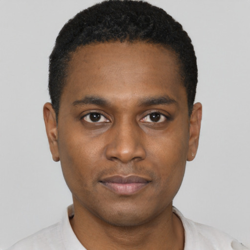 Neutral black young-adult male with short  black hair and brown eyes