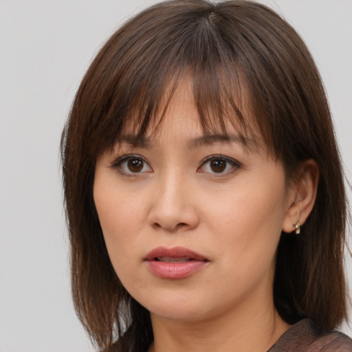 Neutral white young-adult female with medium  brown hair and brown eyes