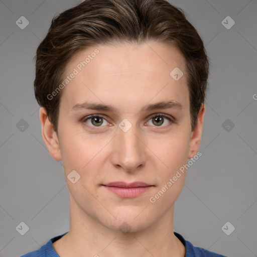 Joyful white young-adult female with short  brown hair and grey eyes