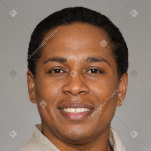 Joyful latino adult male with short  brown hair and brown eyes