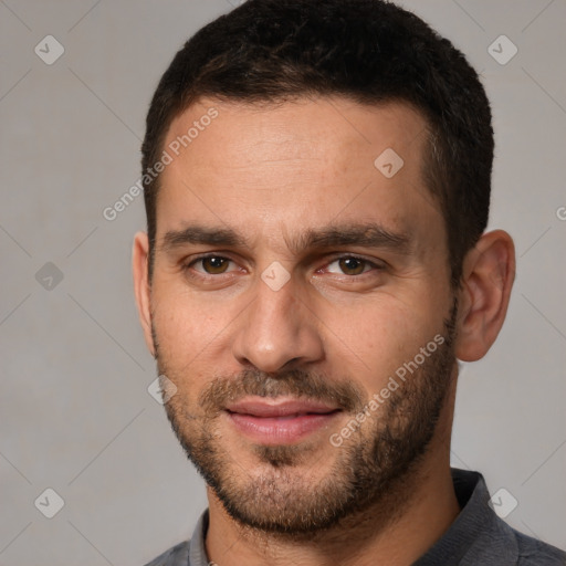 Joyful white young-adult male with short  brown hair and brown eyes