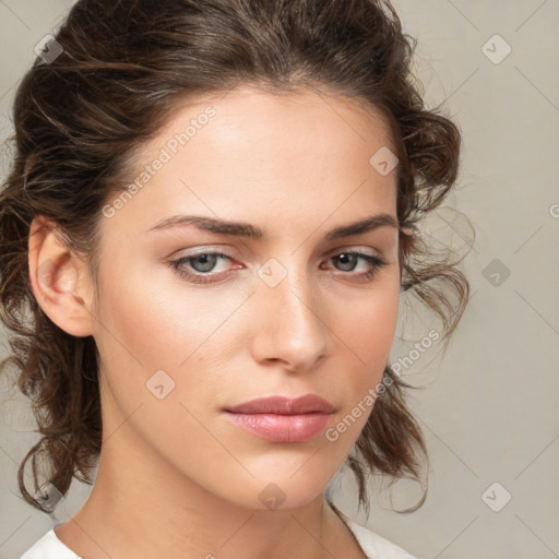 Neutral white young-adult female with medium  brown hair and brown eyes