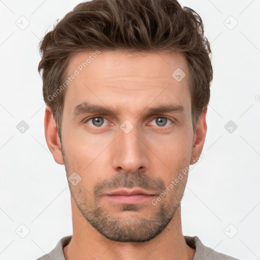 Neutral white young-adult male with short  brown hair and brown eyes