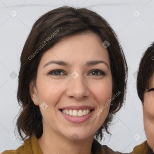 Joyful white young-adult female with medium  brown hair and brown eyes