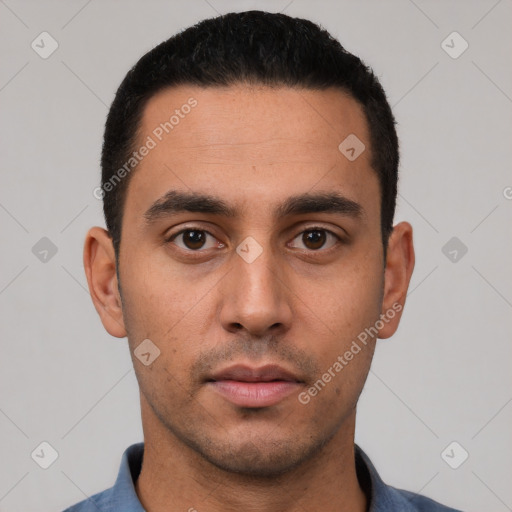 Neutral latino young-adult male with short  black hair and brown eyes