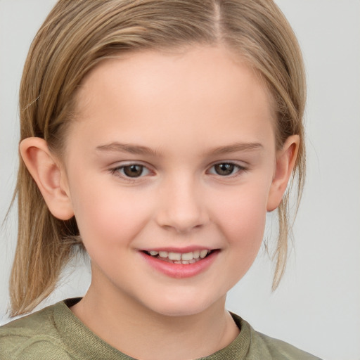 Joyful white child female with medium  brown hair and grey eyes