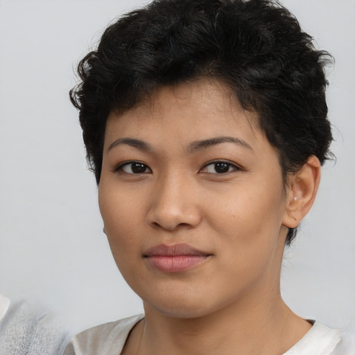 Neutral asian young-adult female with short  brown hair and brown eyes