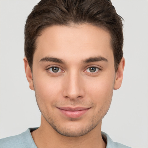 Neutral white young-adult male with short  brown hair and brown eyes