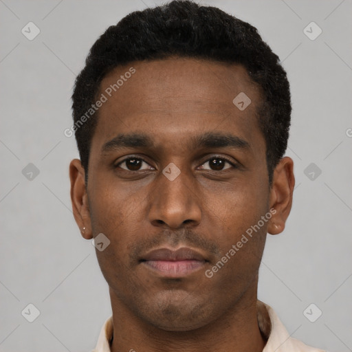 Neutral black young-adult male with short  black hair and brown eyes