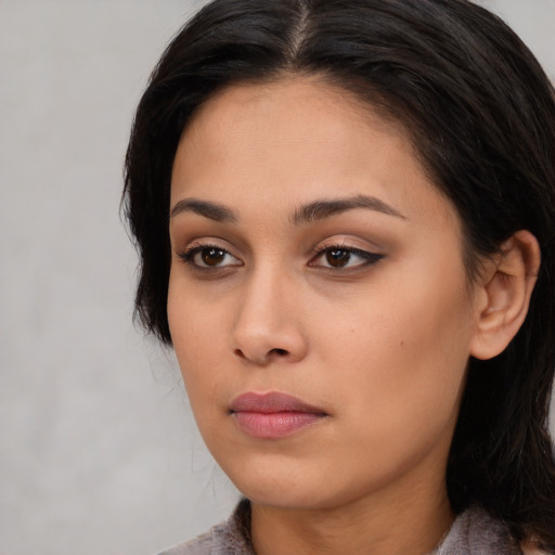 Neutral asian young-adult female with long  black hair and brown eyes