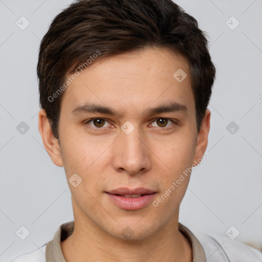 Neutral white young-adult male with short  brown hair and brown eyes