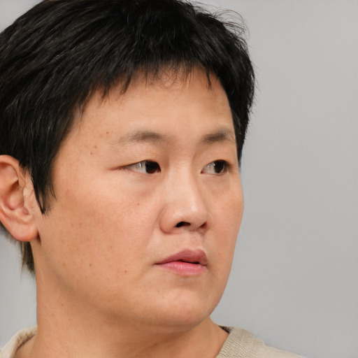 Neutral asian young-adult male with short  brown hair and brown eyes
