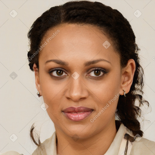 Joyful latino young-adult female with medium  brown hair and brown eyes