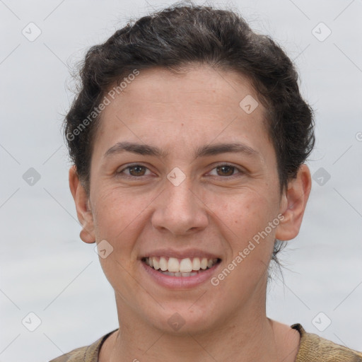 Joyful white young-adult female with short  brown hair and brown eyes