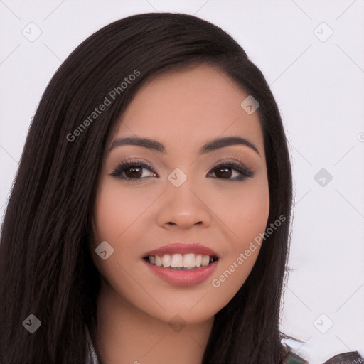 Joyful white young-adult female with long  black hair and brown eyes