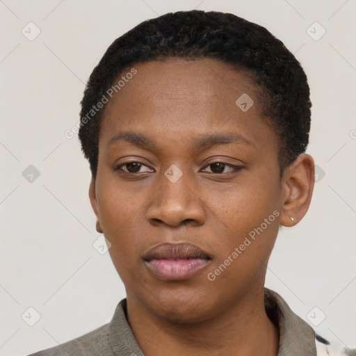 Neutral black young-adult female with short  black hair and brown eyes