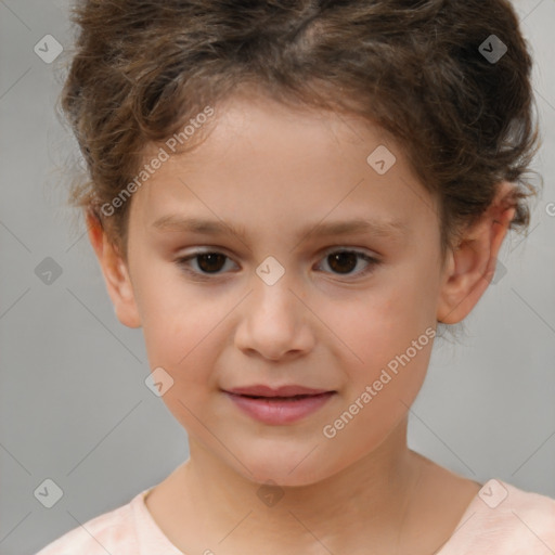 Joyful white child female with short  brown hair and brown eyes