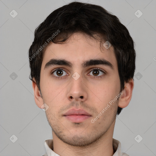 Neutral white young-adult male with short  brown hair and brown eyes