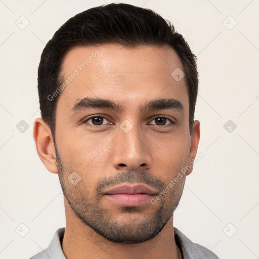 Neutral white young-adult male with short  brown hair and brown eyes