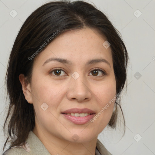 Joyful white adult female with medium  brown hair and brown eyes