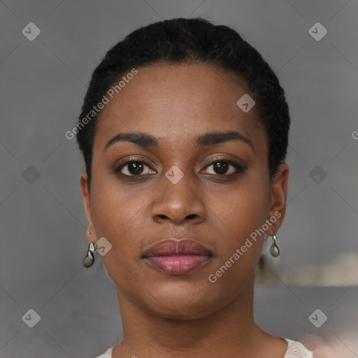 Neutral black young-adult female with short  black hair and brown eyes